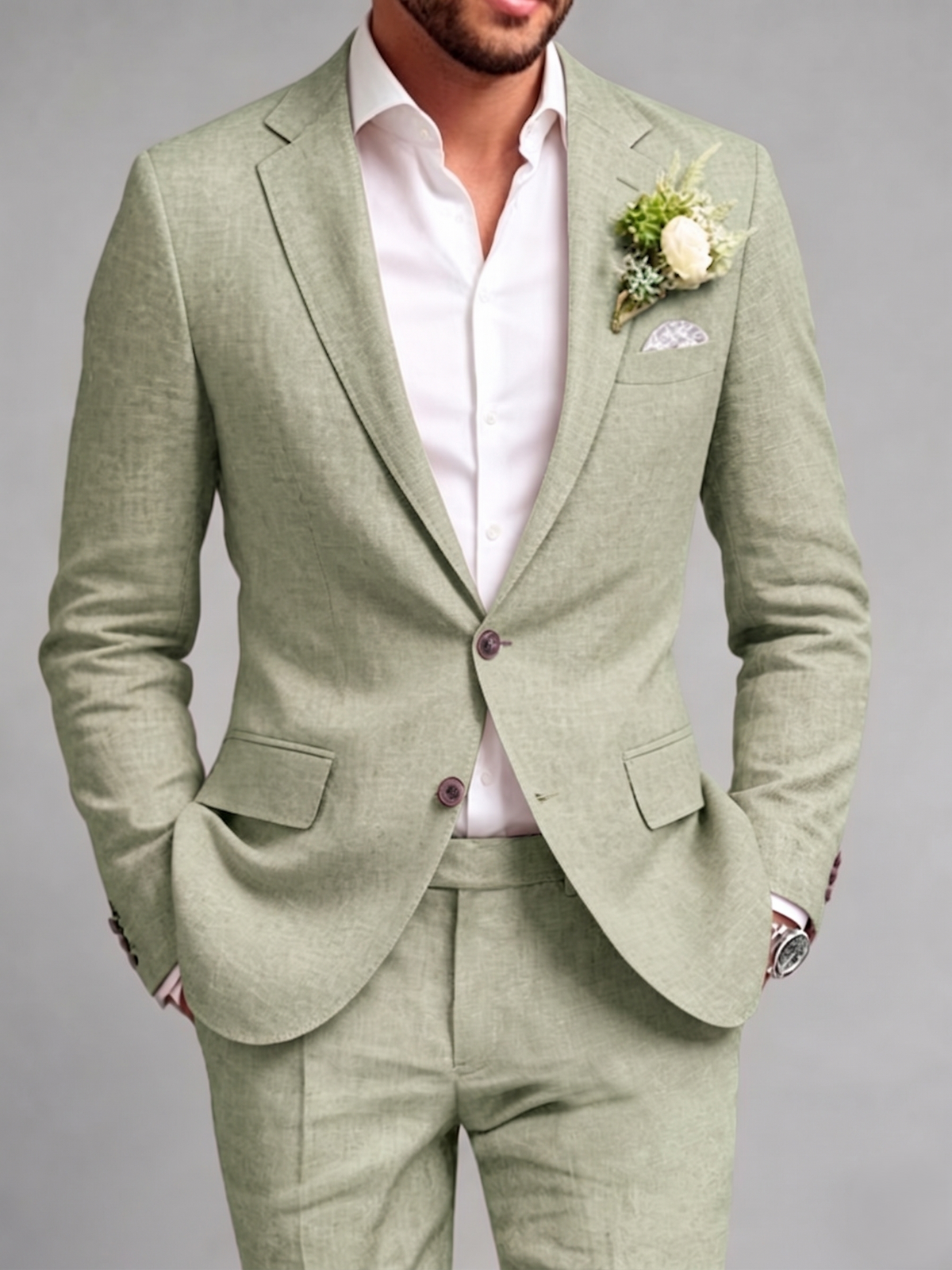 Men's Tailored Fit Green Linen Suit  Single Breasted One-Button 2 Pieces Wedding Groom Suit