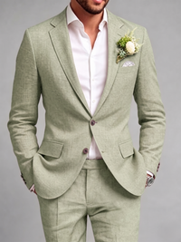 Men's Tailored Fit Green Linen Suit  Single Breasted One-Button 2 Pieces Wedding Groom Suit