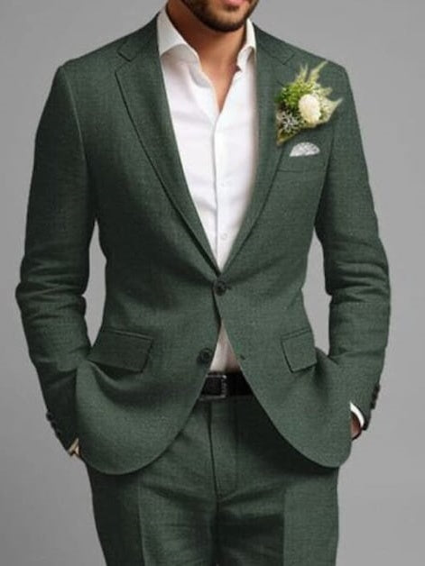 Men's Tailored Fit Green Linen Suit  Single Breasted One-Button 2 Pieces Wedding Groom Suit