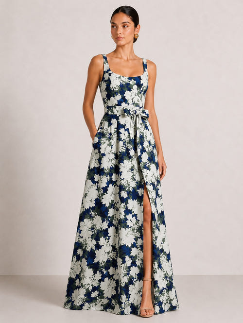 Sheath Evening Elegant Dress Formal Dresses Printed Satin Scoope Floor Length Sleeveless Split Side Wedding Guest