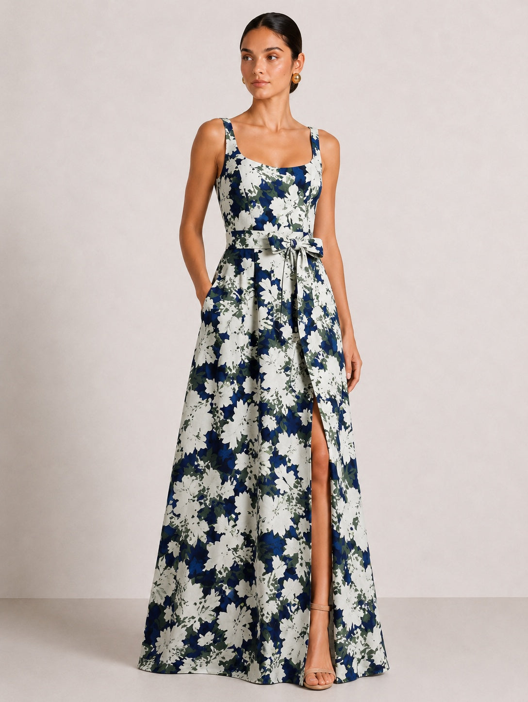 Sheath Evening Elegant Dress Formal Dresses Printed Satin Scoope Floor Length Sleeveless Split Side Wedding Guest