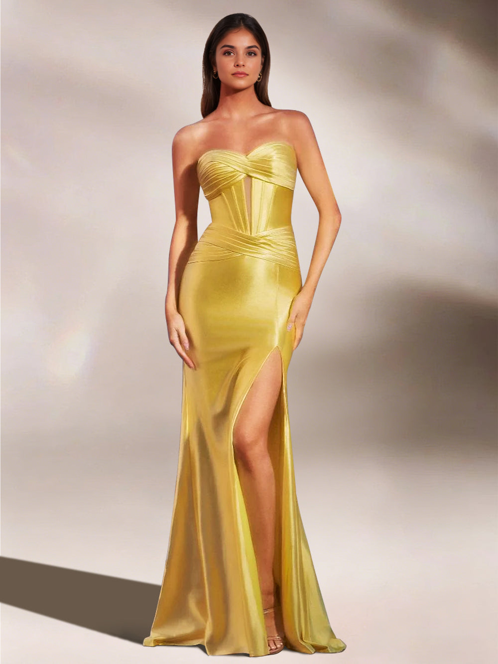 Mermaid Evening Dresses Satin Strapless Floor-Length Formal Satin Dress With Corset Ruched