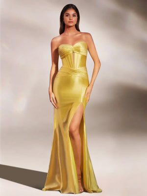 Mermaid Evening Dresses Satin Strapless Floor-Length Formal Satin Dress With Corset Ruched