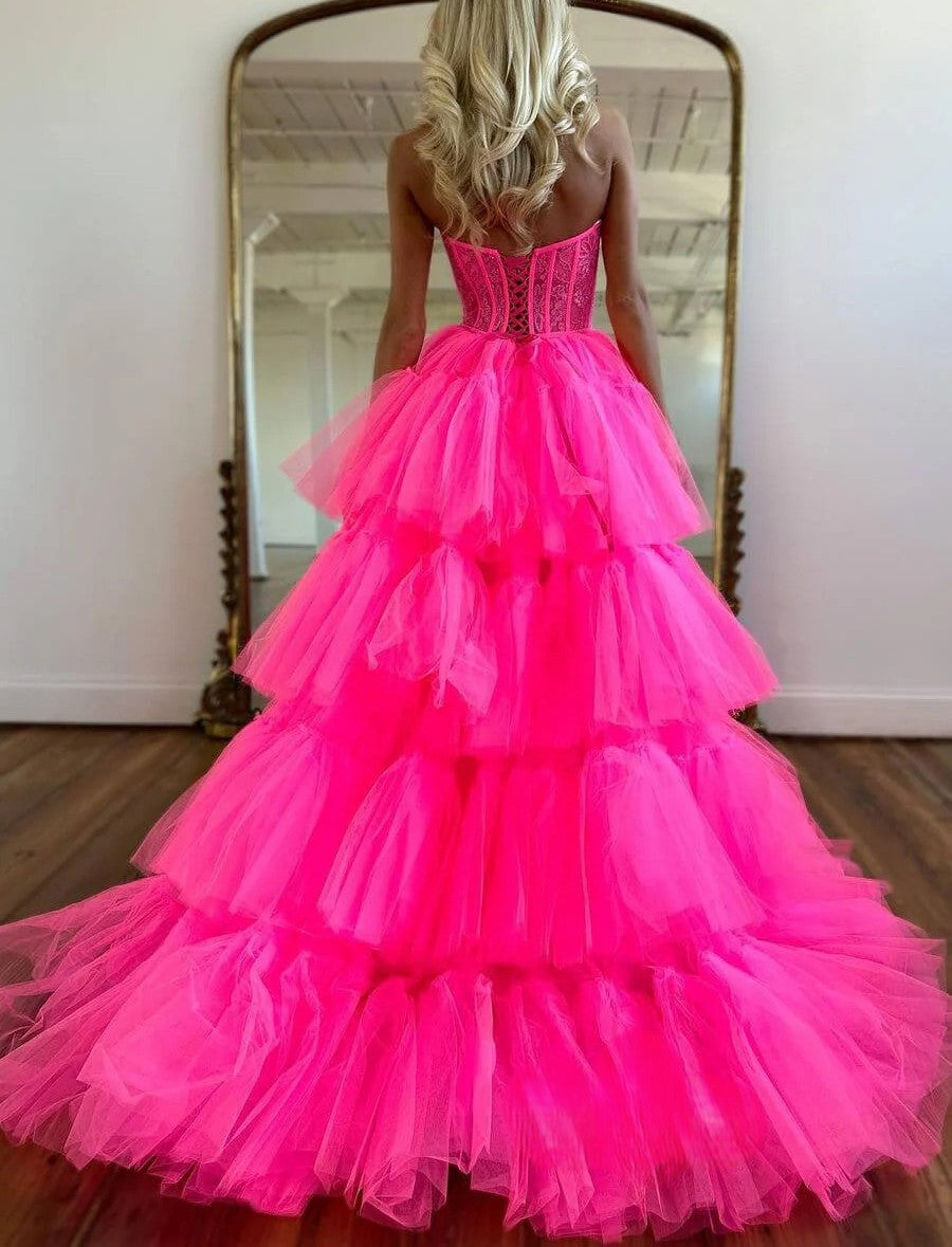 A-Line/Princess Prom Dresses Spaghetti Straps Floor-length Tulle Dress Tiered Formal Gown With Appliques