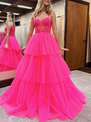A-Line/Princess Prom Dresses Spaghetti Straps Floor-length Tulle Dress Tiered Formal Gown With Appliques