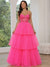 A-Line/Princess Prom Dresses Spaghetti Straps Floor-length Tulle Dress Tiered Formal Gown With Appliques
