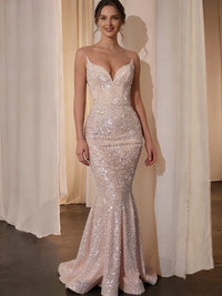 Trumpet/Mermaid Sequins Evening Dress Spaghetti Strap Corset Floor-Length Long Sparkle Sequin Dress