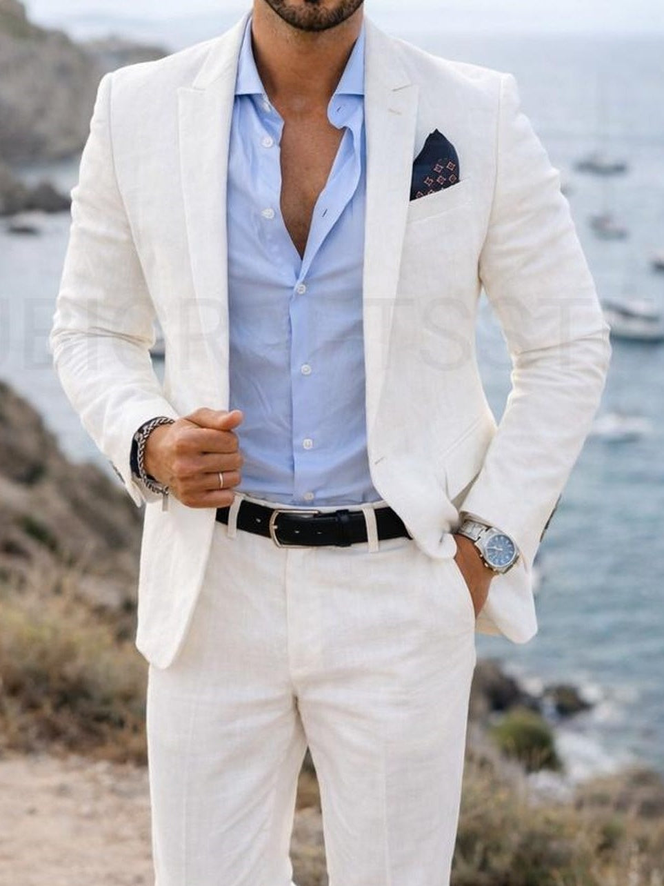 Men's Tailored Linen Fit White Classy 2 Piece Suit Slim Fit Single Breasted One Button Party Outfits