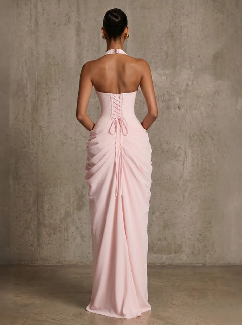 Mermaid Evening Dresses Chiffon Halter Neck Ruched Formal Dresses Split Side Wedding Guest