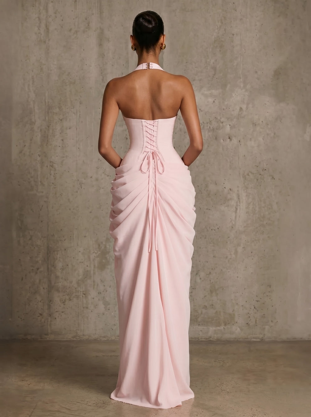 Mermaid Evening Dresses Chiffon Halter Neck Ruched Formal Dresses Split Side Wedding Guest