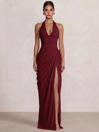 Mermaid Evening Dresses Chiffon Halter Neck Ruched Formal Dresses Split Side Wedding Guest