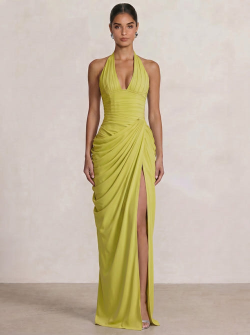 Mermaid Evening Dresses Chiffon Halter Neck Ruched Formal Dresses Split Side Wedding Guest