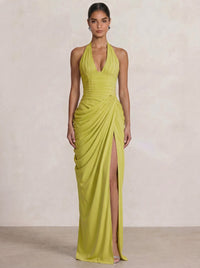 Mermaid Evening Dresses Chiffon Halter Neck Ruched Formal Dresses Split Side Wedding Guest