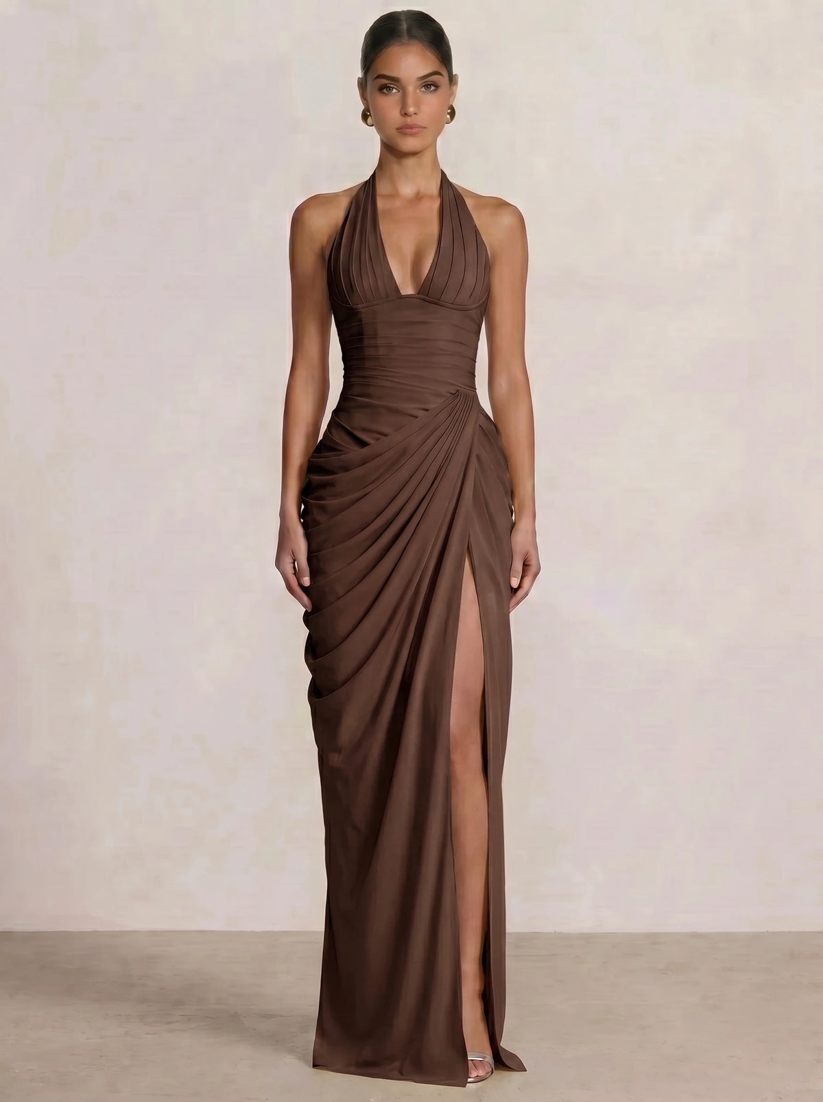 Mermaid Evening Dresses Chiffon Halter Neck Ruched Formal Dresses Split Side Wedding Guest