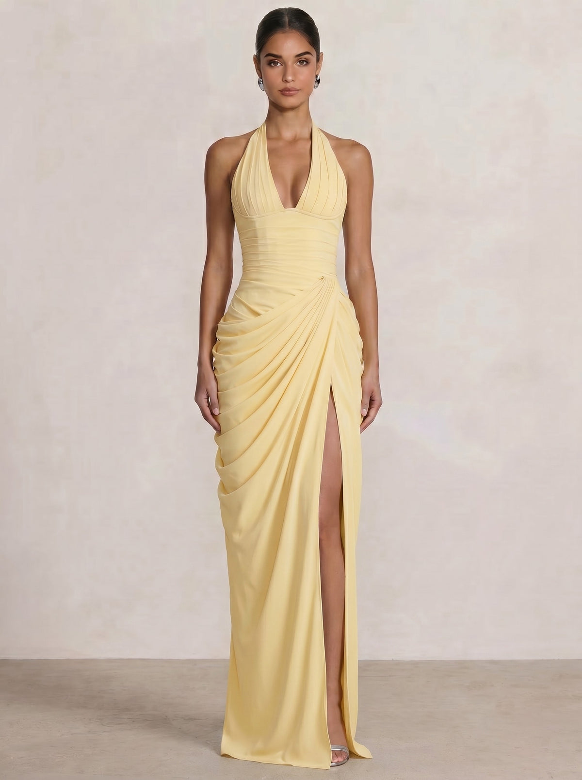 Mermaid Evening Dresses Chiffon Halter Neck Ruched Formal Dresses Split Side Wedding Guest