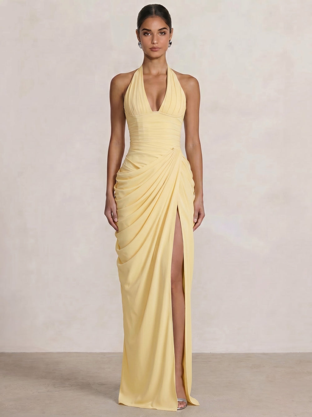 Mermaid Evening Dresses Chiffon Halter Neck Ruched Formal Dresses Split Side Wedding Guest