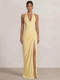 Mermaid Evening Dresses Chiffon Halter Neck Ruched Formal Dresses Split Side Wedding Guest