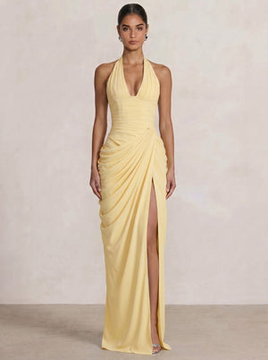 Mermaid Evening Dresses Chiffon Halter Neck Ruched Formal Dresses Split Side Wedding Guest