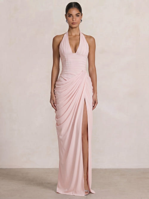 Mermaid Evening Dresses Chiffon Halter Neck Ruched Formal Dresses Split Side Wedding Guest