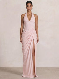 Mermaid Evening Dresses Chiffon Halter Neck Ruched Formal Dresses Split Side Wedding Guest