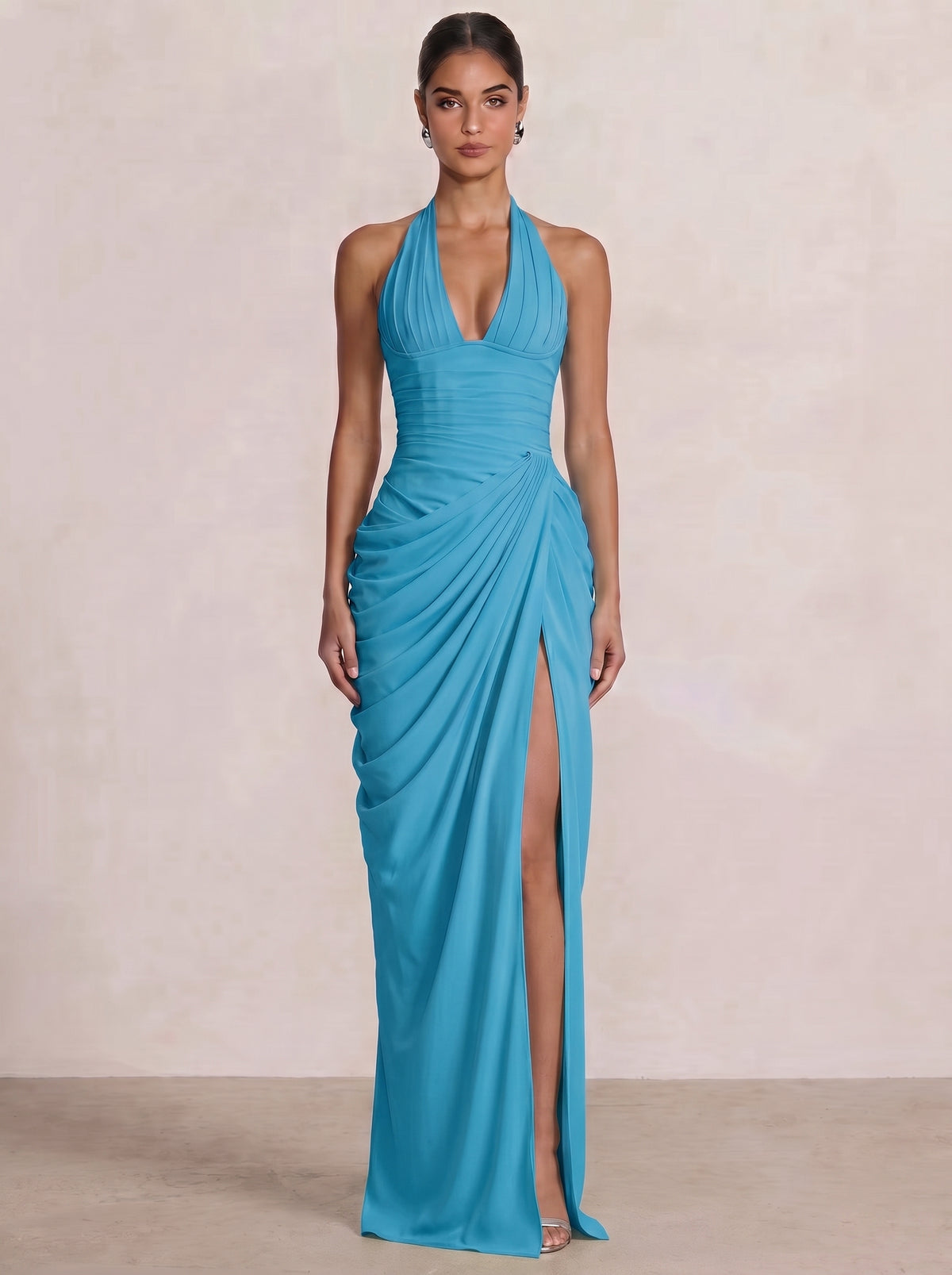 Mermaid Evening Dresses Chiffon Halter Neck Ruched Formal Dresses Split Side Wedding Guest