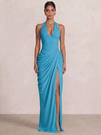 Mermaid Evening Dresses Chiffon Halter Neck Ruched Formal Dresses Split Side Wedding Guest