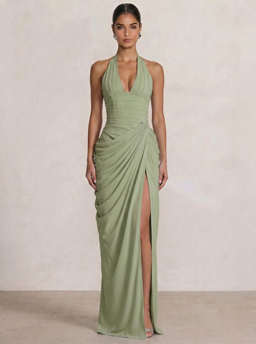 Mermaid Evening Dresses Chiffon Halter Neck Ruched Formal Dresses Split Side Wedding Guest