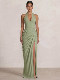 Mermaid Evening Dresses Chiffon Halter Neck Ruched Formal Dresses Split Side Wedding Guest