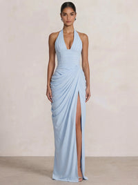 Mermaid Evening Dresses Chiffon Halter Neck Ruched Formal Dresses Split Side Wedding Guest