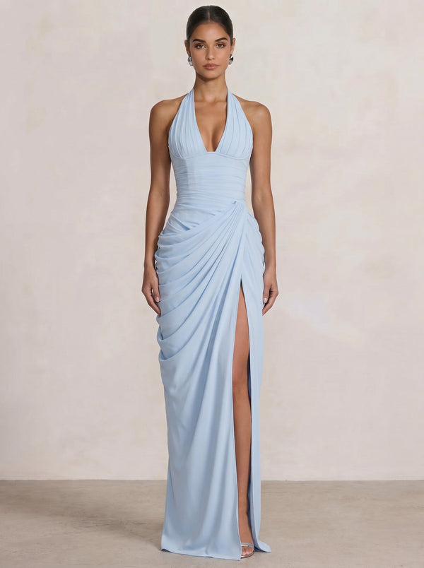 Mermaid Evening Dresses Chiffon Halter Neck Ruched Formal Dresses Split Side Wedding Guest