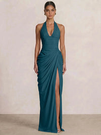 Mermaid Evening Dresses Chiffon Halter Neck Ruched Formal Dresses Split Side Wedding Guest