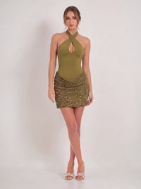 Sheath/Column Homecoming Dresses Beaded Satin Halter Sleeveless Short Mini Boning Zipper Party Dresses