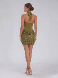 Sheath/Column Homecoming Dresses Beaded Satin Halter Sleeveless Short Mini Boning Zipper Party Dresses