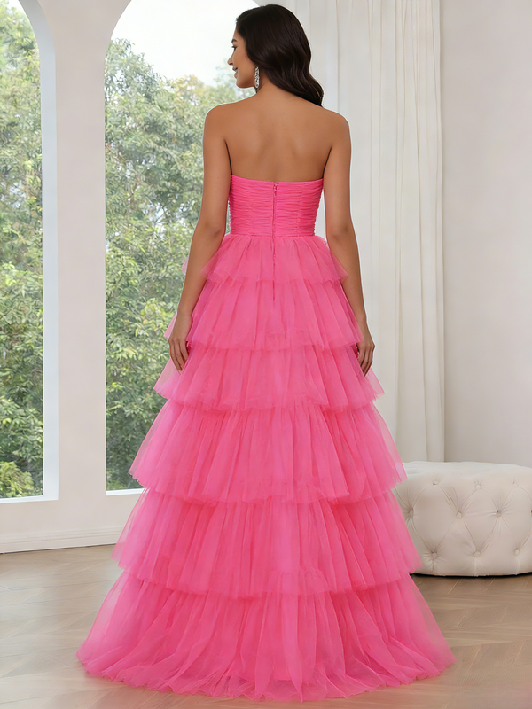 A-Line/Princess Prom Dresses Strapsless Floor-length Tulle Dress Tiered Formal Gown With Layered