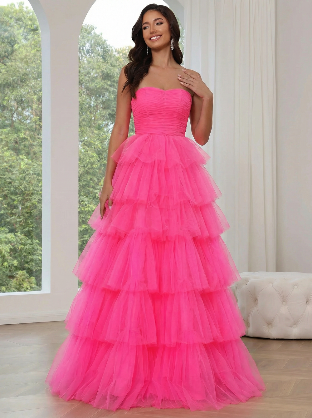 A-Line/Princess Prom Dresses Strapsless Floor-length Tulle Dress Tiered Formal Gown With Layered