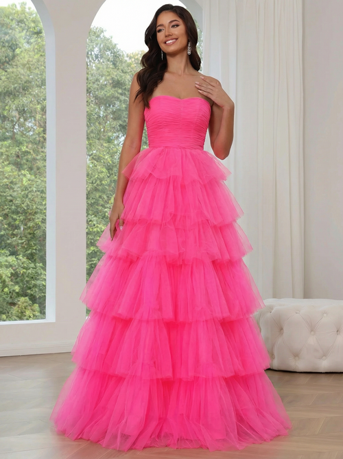A-Line/Princess Prom Dresses Strapsless Floor-length Tulle Dress Tiered Formal Gown With Layered