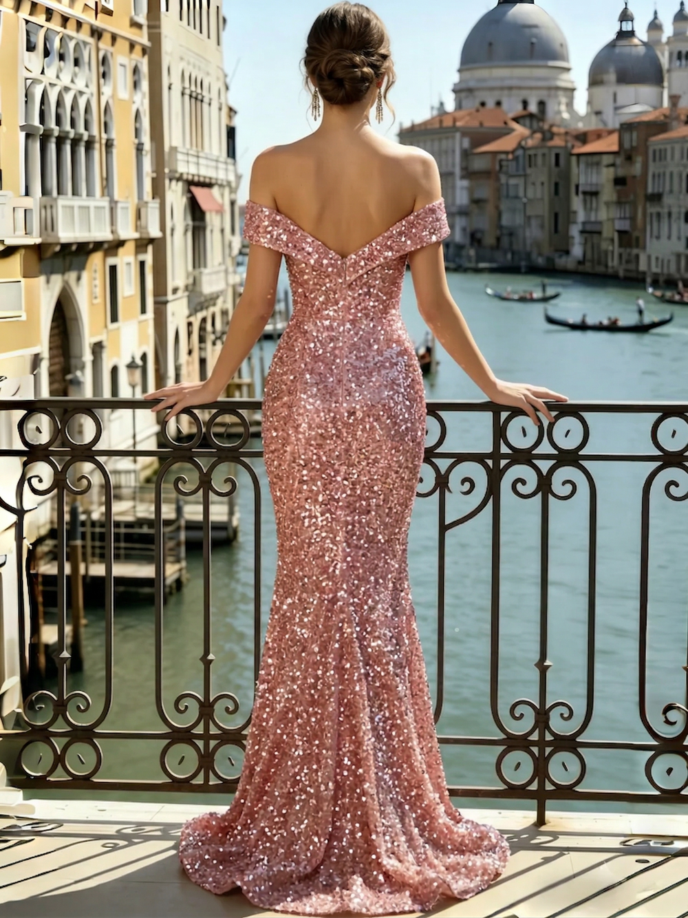 Trumpet/Mermaid Evening Dress Sequins Off The Shoulder Corset V-neck Floor-Length Long Sparkle Corset Sequin Dress