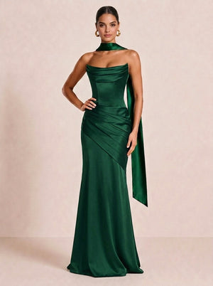 Sheath/Column Evening Dresses Satin Strapless With Pleated Sleeveless Floor-Length Boning Lace-Up Asymmetrical Draped Corset Wedding Guest