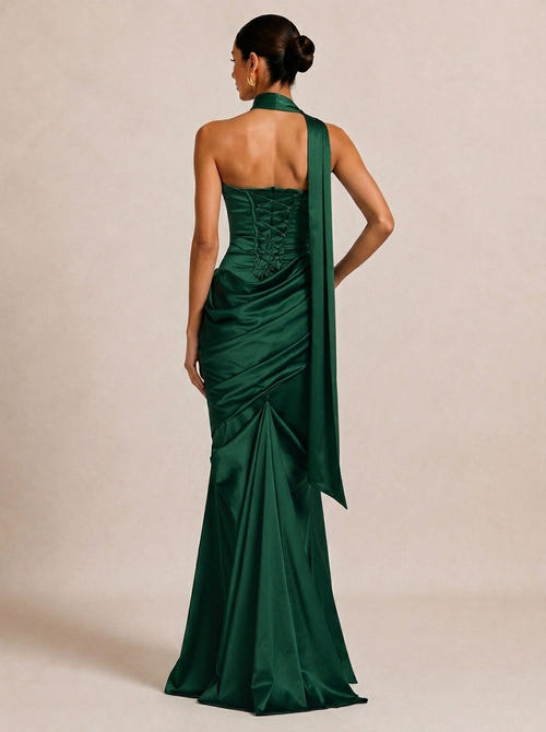Sheath/Column Evening Dresses Satin Strapless With Pleated Sleeveless Floor-Length Boning Lace-Up Asymmetrical Draped Corset Wedding Guest