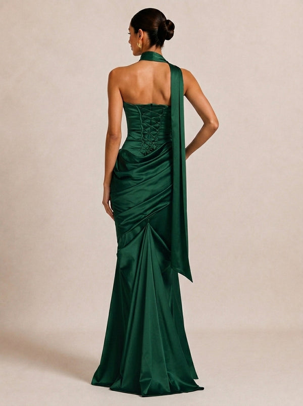 Sheath/Column Evening Dresses Satin Strapless With Pleated Sleeveless Floor-Length Boning Lace-Up Asymmetrical Draped Corset Wedding Guest