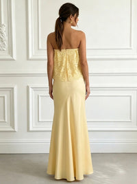 Sheath/Column Evening Dresses Elegant Lace Satin Floor-Length Strapless Sleeveless Zipper Formal Dresses