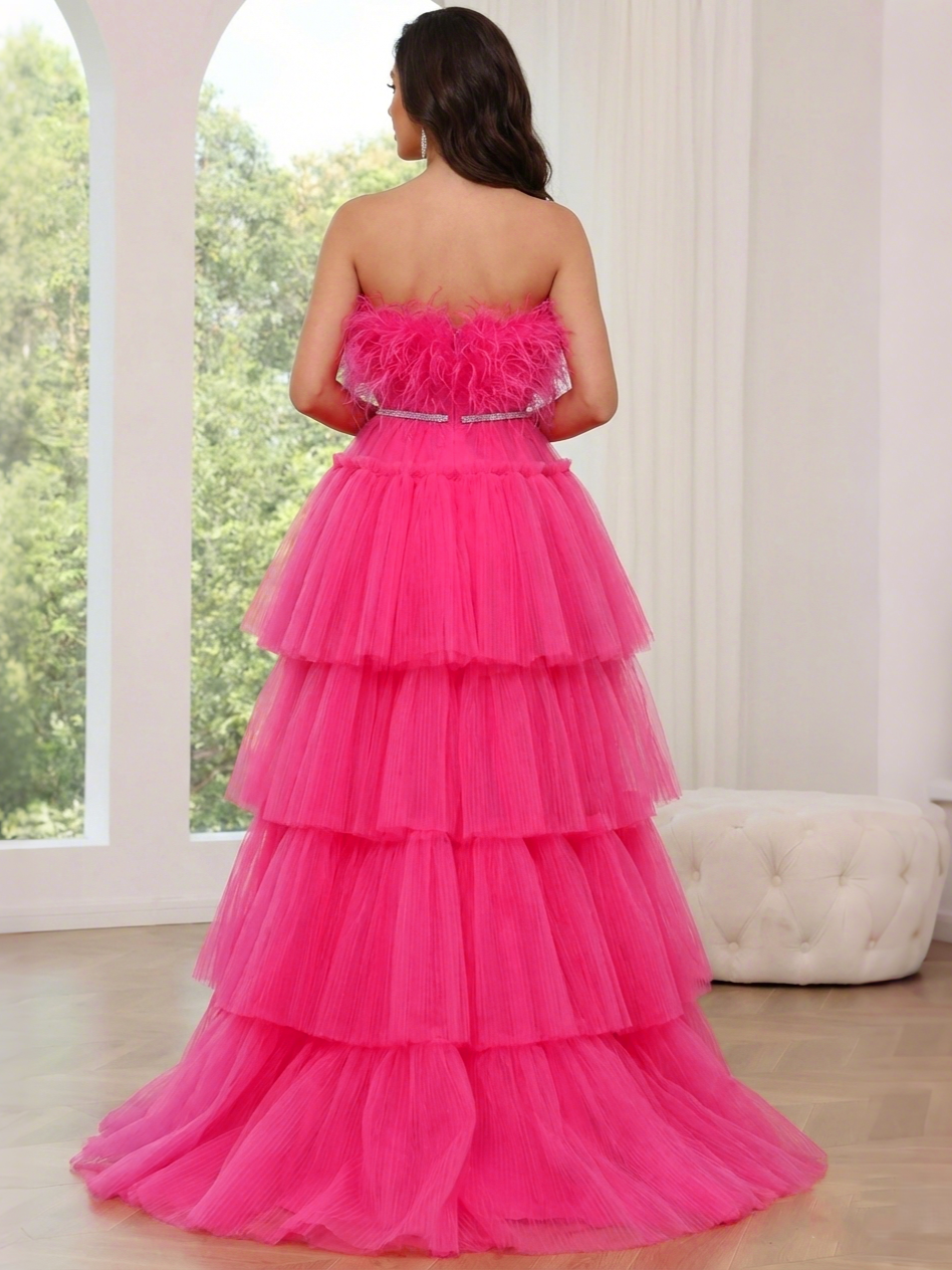 A-Line/Princess Prom Dresses Strapsless Floor-length High Low Dress Tiered Formal Gown With Feather