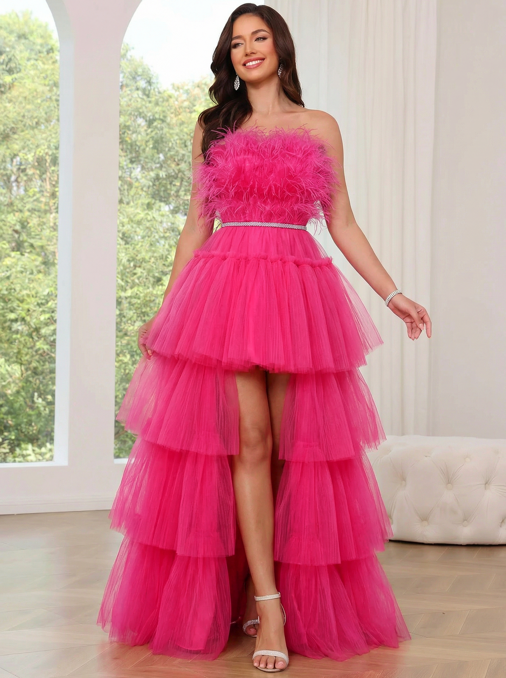 A-Line/Princess Prom Dresses Strapsless Floor-length High Low Dress Tiered Formal Gown With Feather