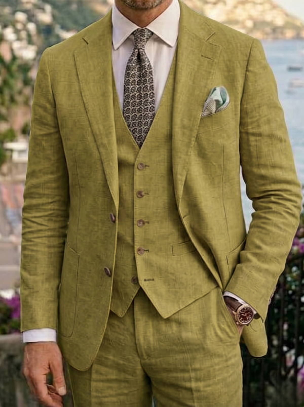 Men's Tailored Linen Wedding Suits Slim Fit 3 Piece Suit Set Single Breasted Two-buttons Summer Wedding Groom Attire