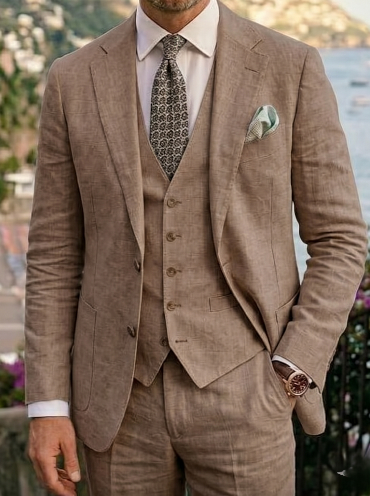 Men's Tailored Linen Wedding Suits Slim Fit 3 Piece Suit Set Single Breasted Two-buttons Summer Wedding Groom Attire