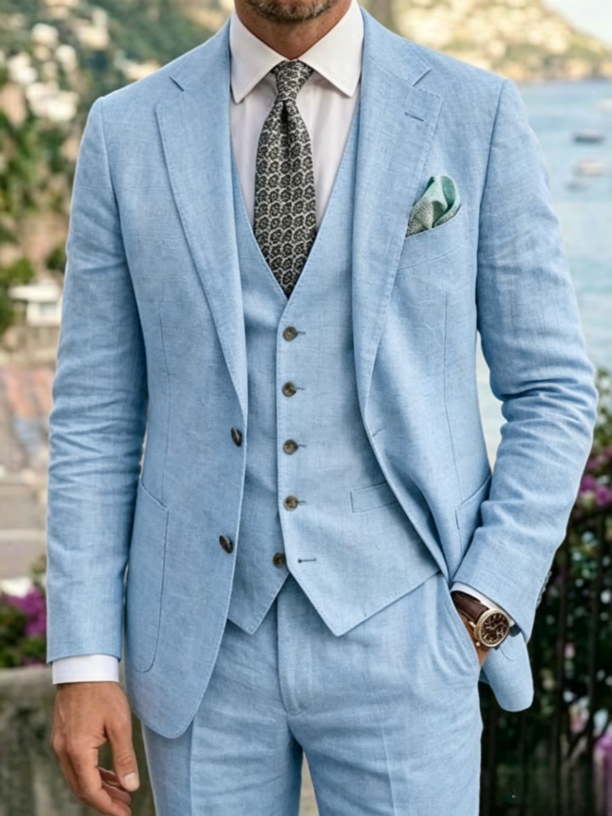 Men's Tailored Linen Wedding Suits Slim Fit 3 Piece Suit Set Single Breasted Two-buttons Summer Wedding Groom Attire