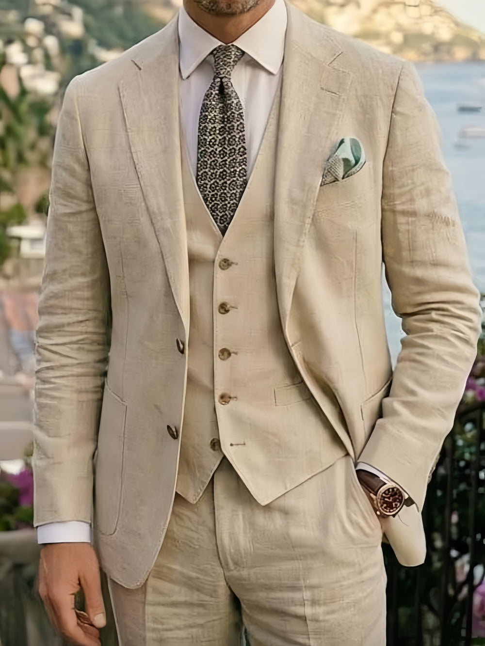 Men's Tailored Linen Wedding Suits Slim Fit 3 Piece Suit Set Single Breasted Two-buttons Summer Wedding Groom Attire