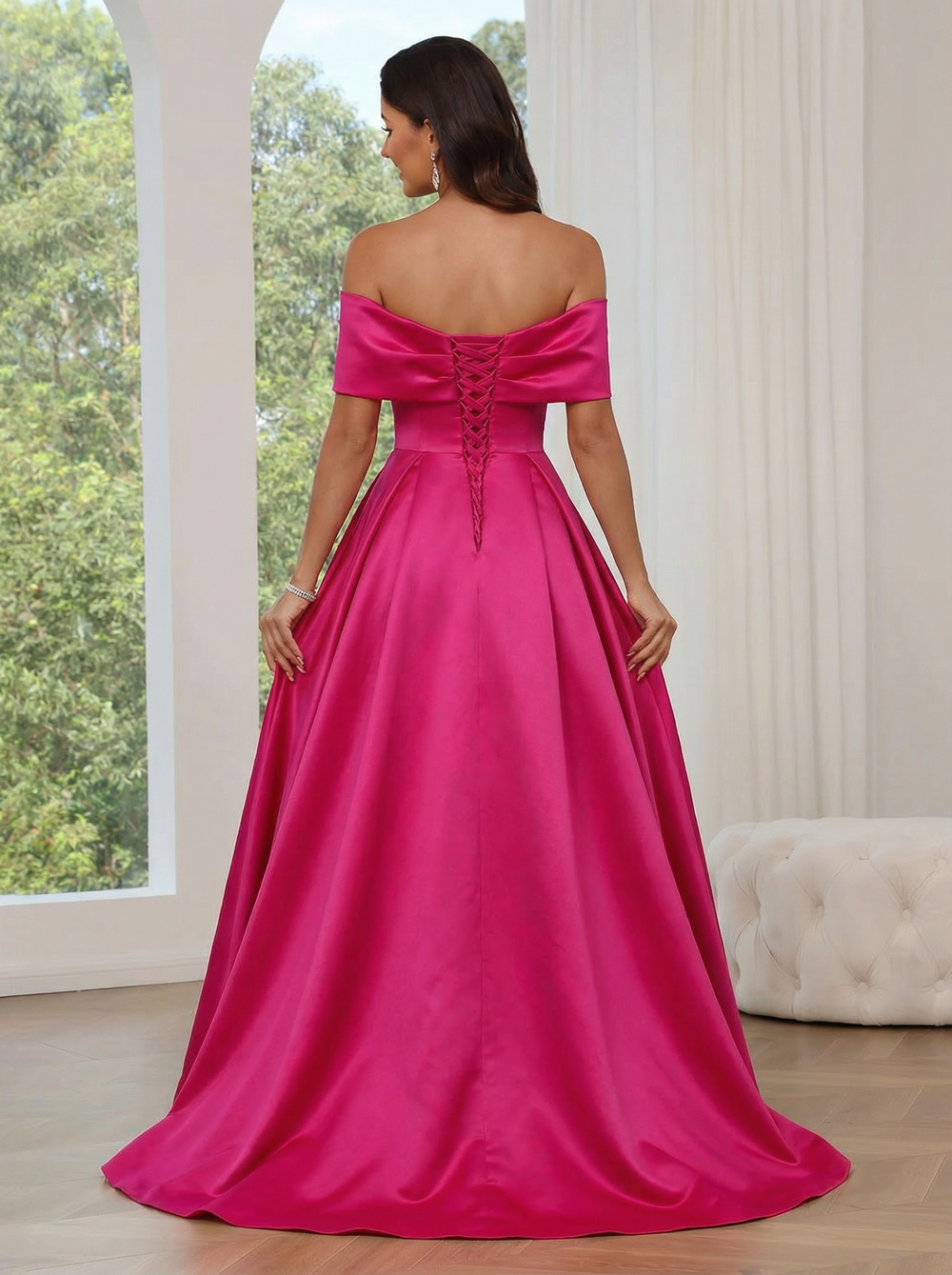 A-Line/Princess Prom Dresses Off Shoulder Formal Dresses Short Sleeves Floor-length Satin Dress