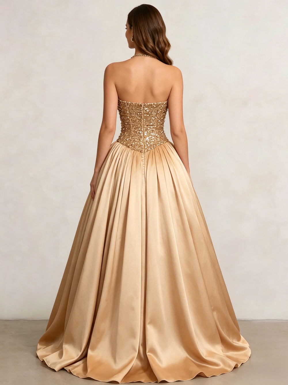 A-Line/Princess Prom Dress Floor-Length Gold Diamond Halter Sparkle Corset Prom Dress Evening Dress