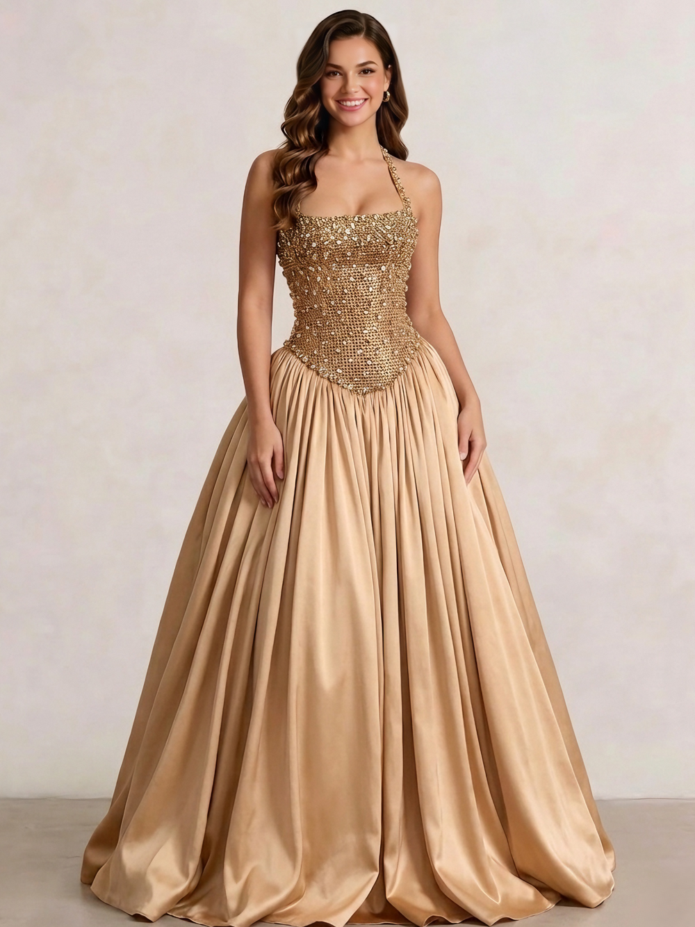 A-Line/Princess Prom Dress Floor-Length Gold Diamond Halter Sparkle Corset Prom Dress Evening Dress